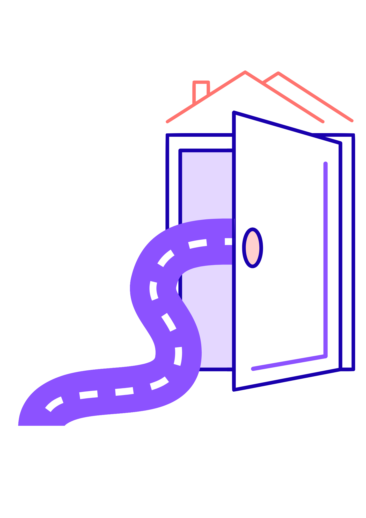 An illustrated doorway with a house roof opening, with a road leading into it.